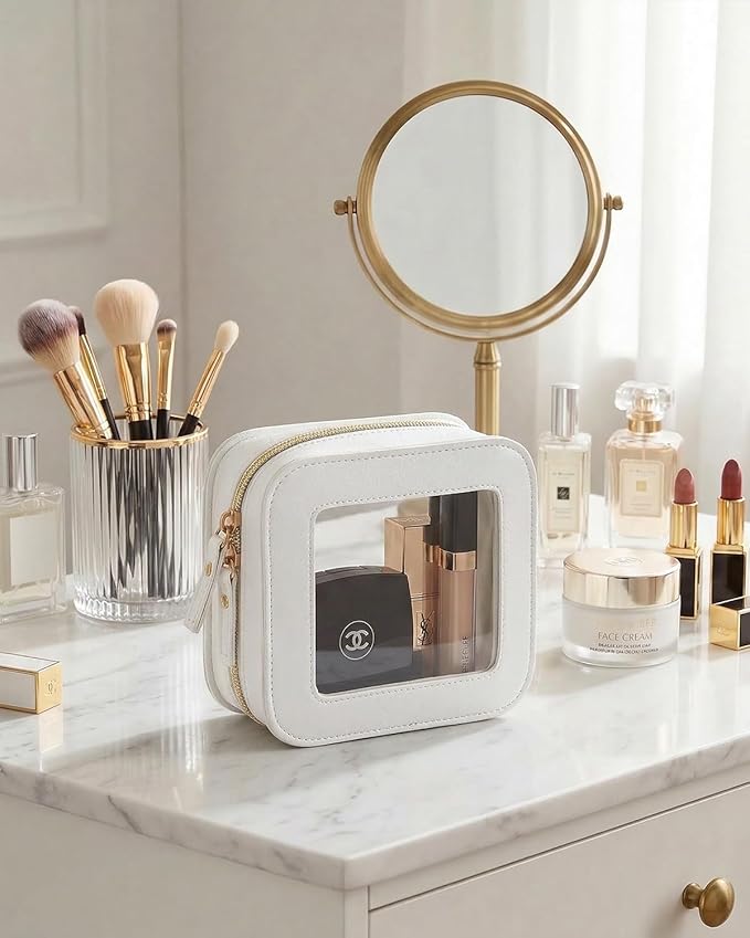 LETGO Small Makeup Bag for Purse Mini Cosmetics Bag Clear Cute Cosmetic Pouch for Women with Slip-in Pockets Car Bag for Essentials Accessories for Girls Women Square Beige