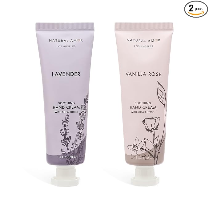Natural Amor Hand Cream Gift Set, Vanilla Rose & Lavender 2 Pack, Moisturizing Travel Size Hand Lotion with Shea Butter Nourishing Hand Care for Dry Skin
