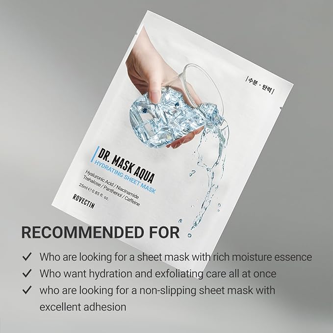 ROVECTIN Dr. Mask Aqua Hydrating Sheet Mask | Deep Moisturizing Face Mask for Dry & Dehydrated Skin – Hydrating, Plumping, Soothing & Skin Barrier Care