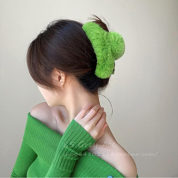 YOYLMAL Large Faux Fur Hair Claw Clip for Women, 5.1 Inches Winter Fluffy Fuzzy Hair Clips, Nonslip Strong Hold Furry Big Jaw Clamp for Thick Long Hair (Light Green)