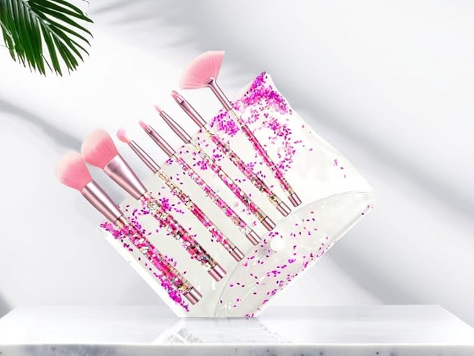 Sparkle Pink Makeup Brushes Set,Unicorn Glitter 7pc Foundation Blush Lip Nose Eyeshadow Eyebrow Loose Powder Fan Make Up Brushes Kit with Liquid for Kids Girls Teen Women Gift Present