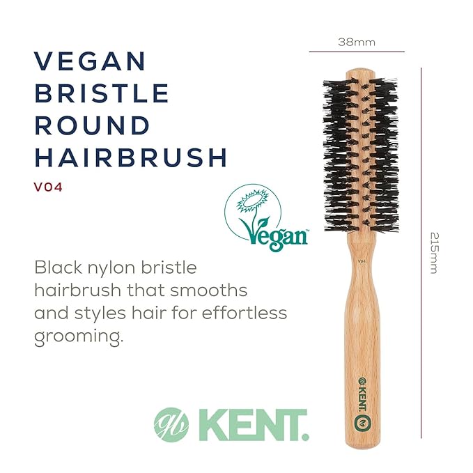Kent V04 Vegan Round Brush - 45mm Bristles by Kent Brushes, Cruelty-Free Hair Brush with BioniFil Filaments for Blowouts, Volume, Curls, All Hair Types, Wooden Handle, Travel Size, Made in England