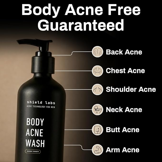 Shield Body Acne Wash for Back, Chest & Shoulders - Men's 10% Benzoyl Peroxide Body Wash, Clears Breakouts & Acne Scars – Unscented with Niacinamide, Glycolic Acid & Ceramides, 8.5 oz