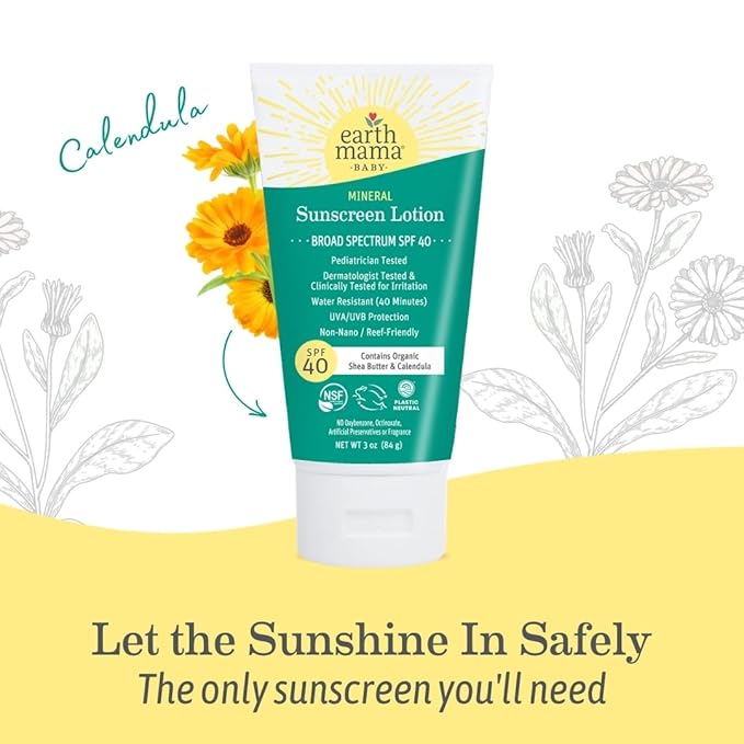 Earth Mama Baby Mineral Sunscreen Lotion SPF 40 - (2 Pack) 3 oz - Non-Nano Zinc - Broad Spectrum for Babies, Kids & Family - Water Resistant Sun Protection