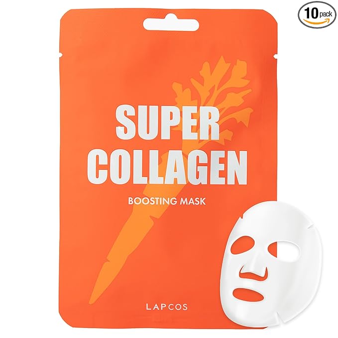 LAPCOS Super Collagen Sheet Mask – Hydrating Face Masks w/Peptide Complex, Vegan Collagen, Niacinamide & Hyaluronic Acid – Revitalizing & Firming Korean Skincare Paraben-Free, Cruelty-Free (10 Pack)