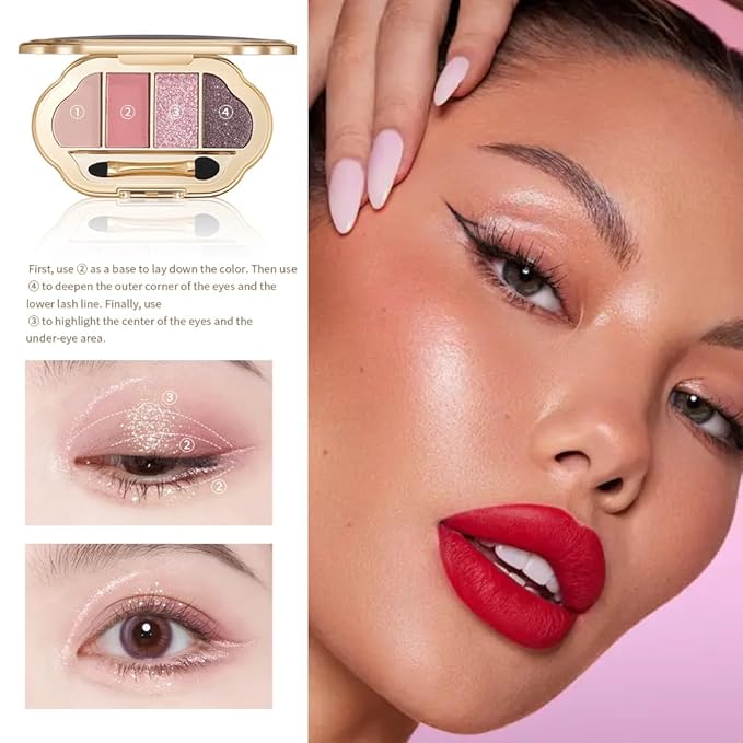 4 Colors Neutral Nude Eyeshadow Palette, Matte Shimmer & Glitter Shades, Pink Rose Plum Brown Warm Tones, Blendable Long-Lasting Eye Makeup for Mature Women, Blue & Green Eyes, Natural Daily Look 04