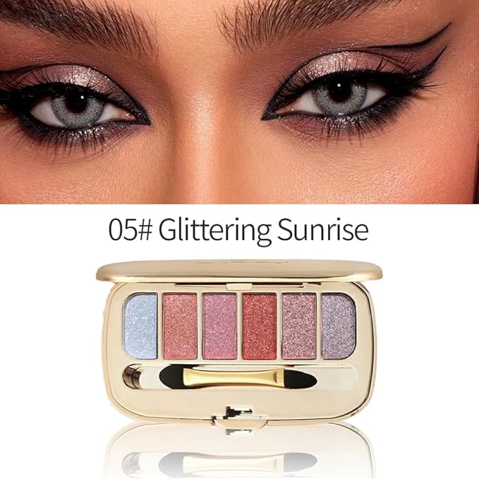 Mivota 6 Shades Pink-Blue-Purple Gradient Glitter Eyeshadow Palette - Diamond Shimmer Eye Shadow with Dual-Ended Brush, Waterproof Long-Wearing for Daily/Date Makeup, Travel-Friendly, 05