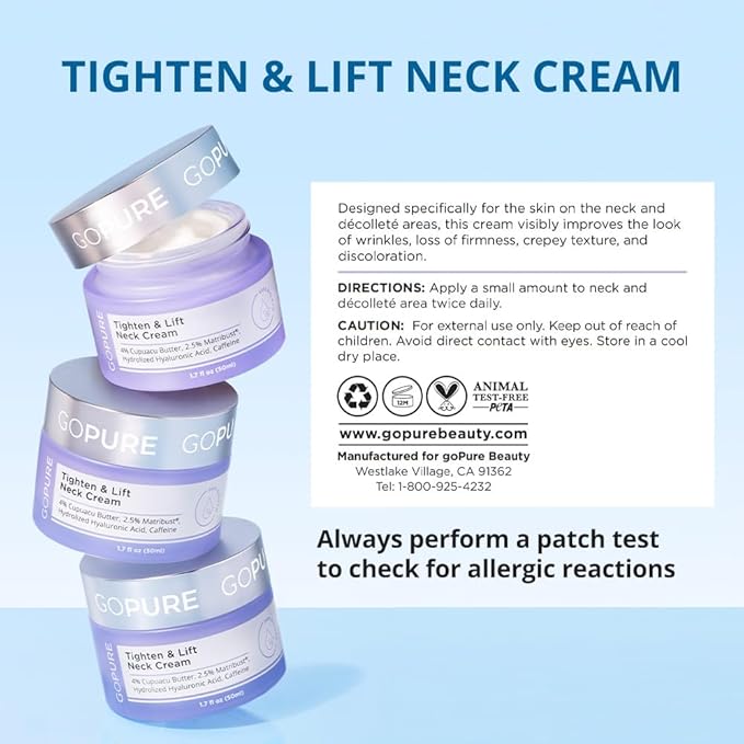 goPure Tighten & Lift Neck & Chest Moisturizer Cream for Visibly Firming, Tightening and Lifting the Look of Wrinkles & Crepey Skin, 1.7oz