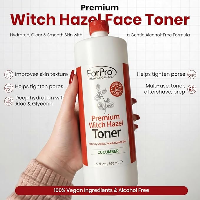 ForPro Witch Hazel Facial Toner, Cucumber Scent, 32 Fl Oz, Alcohol-Free with Aloe Vera & Glycerin, Pore Minimizing Hydrating Astringent for Sensitive Skin, Vegan & Cruelty-Free