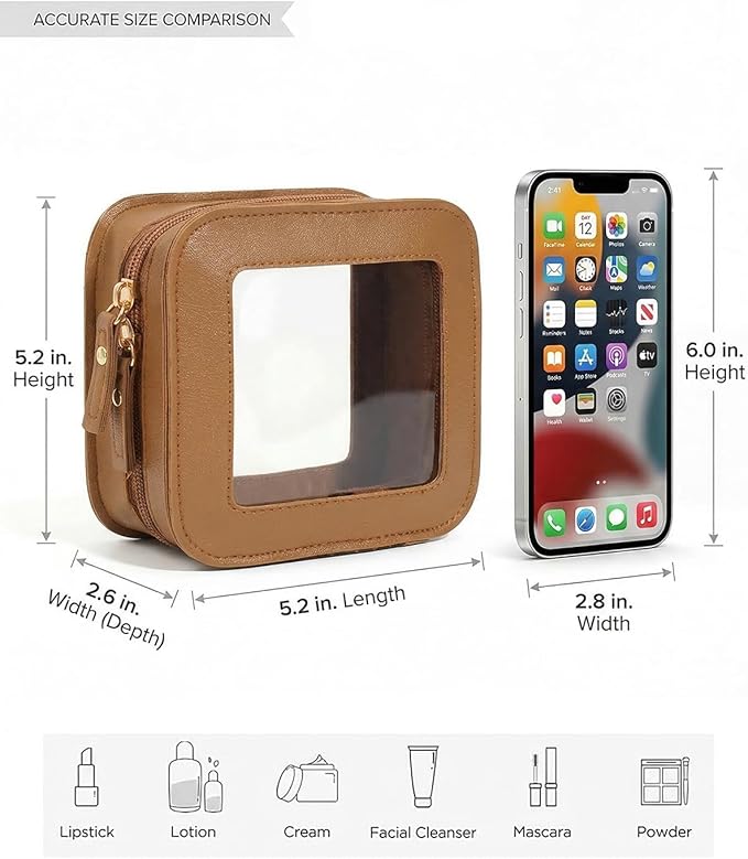 LETGO Clear Makeup Brush Bag Pouch, Waterproof PU Leather Portable Makeup Bag Holder with Transparent Window, Travel Lipstick Case Pouch Car Organizer and Storage, Square, Brown