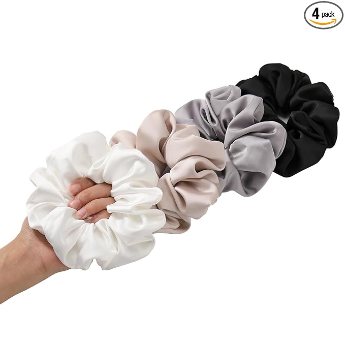 4PCS Large Satin Silk Scrunchies for Women - Big Glossy Scrunchie for Thick Hair Girl Hair Ties Ponytail Holders Jumbo Scrunchies (Black White Silver Champagne)