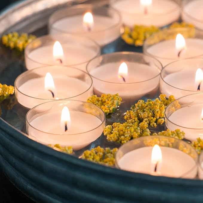 Stonebriar 48 Count White Unscented Smokeless Long Burning Clear Cup Tea Light Candles with 6 to 7 Hour Burn Time