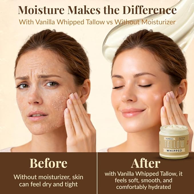 Whipped Tallow 24oz - All Natural Face Cream + Whole Body Moisturizer for Dry Skin - Made With Scented Oil Blend - No Preservatives, Parabens or Seed Oils - USA Made (Vanilla)