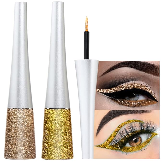 evpct 2Pcs Gold Champagne Gold Color Liquid Glitter Eyeliner Sets Eyeliner Liquid Liners for Women Sparkly Eyeliners delineador con glitter de colores para ojos colores 01+14