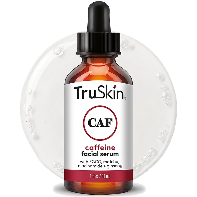 TruSkin Caffeine Face & Eye Serum - Energizing 5% Caffeine Serum with EGCG Niacinamide Matcha and Ginseng - Improve Look of Under Eye Dark Circles and Puffiness, 1 fl oz