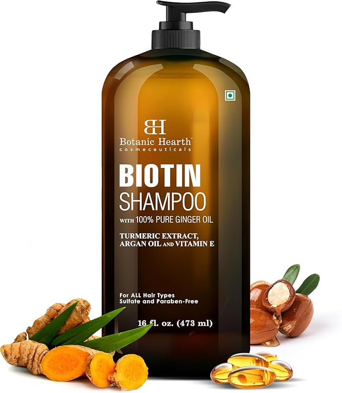 Botanic Hearth Biotin Shampoo With 100% Pure Ginger Oil | Sulfate & Paraben | Free | Enriched With Turmeric Extract, Argan Oil & Vitamin E | For All Hair Types | 16 Fl. Oz