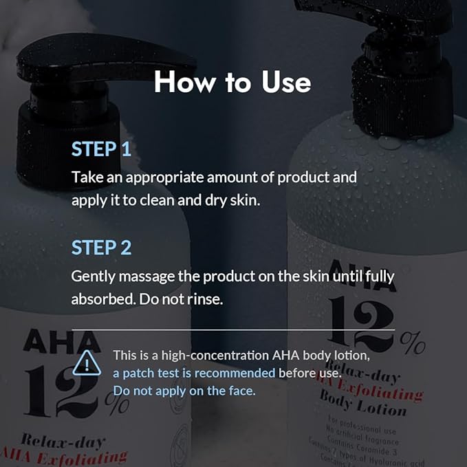 Village 11 Factory Relax Day AHA 12% Exfoliating Body Lotion | Glycolic Acid Lotion for KP, Strawberry Legs & Rough Skin | Hydrating Body Moisturizer for Dark Spots, Acne & Texture | 10.6 fl oz