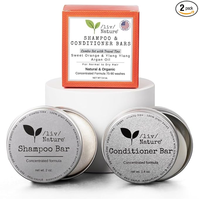 Shampoo Bar and Conditioner Set with Travel Case | Volume and Moisture for Dry Hair | Orange, Ylang Ylang, Argan Oil | Made in USA | 2-pk