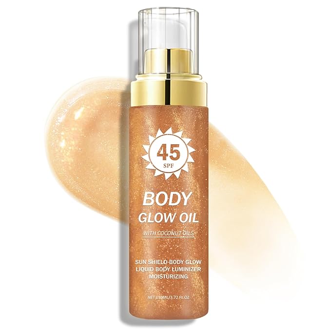 Shimmer Sunscreen,SPF 45 Broad Spectrum,Body Shimmer Oil with Gold Mica,Moisturizing Coconut,Water Resistant Body Glow Oil,Glowing Results,3.72 fl oz,AMBER
