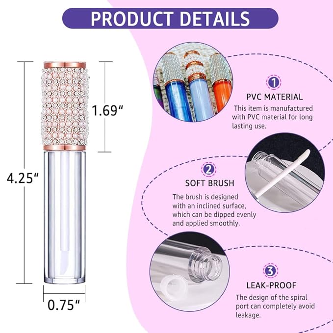 AMORIX 72pcs 5ml Diamond Lip Gloss Tubes With Wand - Empty Rhinestone Containers, Crystal Bottles, Supplies Kit - 4 Syringes + Labels for DIY Base