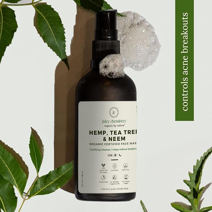 Juicy Chemistry Hemp, Tea Tree & Neem Face Cleanser, Face Wash For Acne & Blackheads, Certified Organic, Vegan, Cruelty Free, Face Wash For Women & Men (100 Milliliters Clear)