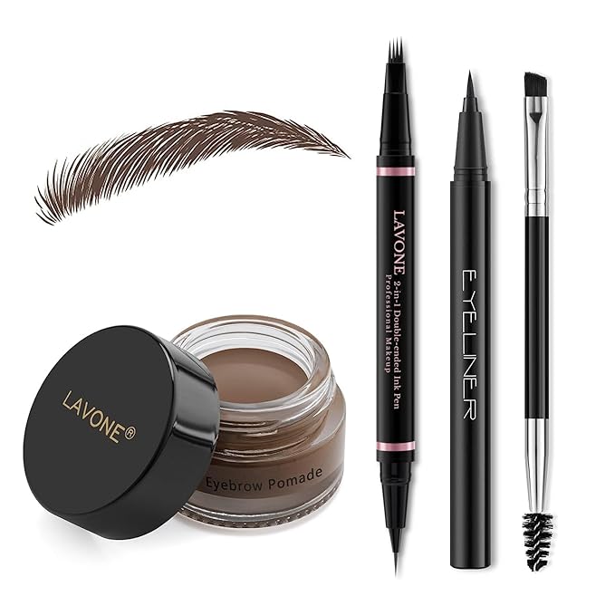 Eyebrow Pencil Brow Set, with 2 in 1 Waterproof Microblading Eyebrow Pen, Eyebrow Pomade, Eyeliner and Dual-ended Eyebrow Brush, Brow Pencil Kit for Natural Eyebrows - 15 Dark Brown
