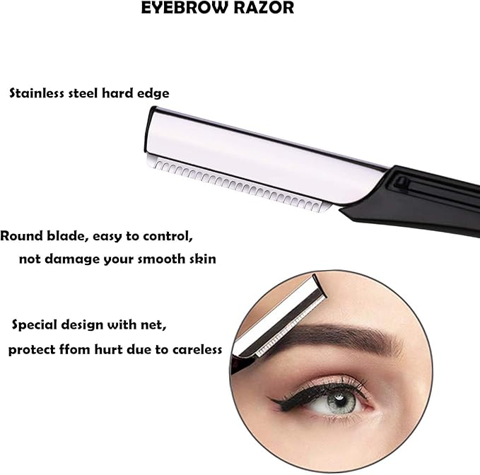 Eyebrow Razor Kit, 6 in 1 Professional Eyebrow Grooming Set for Women and Men, Including 3 Eyebrow Razors Trimmer,1 Tweezer,1 Scissor,1 Eyelashes Roller,1 Storage Bag