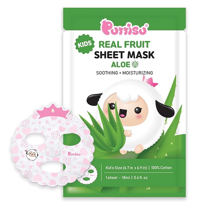 Puttisu Real Fruit Facial Mask Sheet for Kids, Children - Made with 100% Cotton, Moisturize, Sooths and Hydrates Skin (Aloe - Pack of 14)