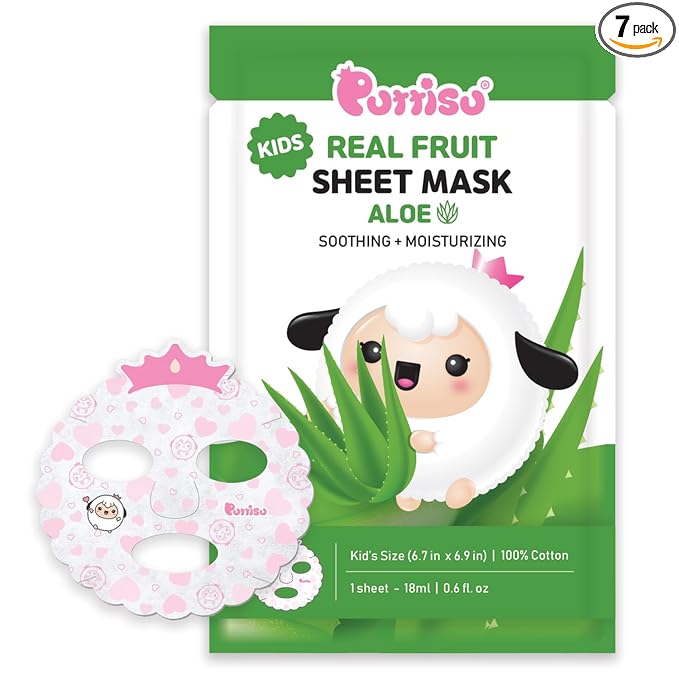 Puttisu Real Fruit Facial Mask Sheet for Kids, Children - Made with 100% Cotton, Moisturize, Sooths and Hydrates Skin (Aloe - Pack of 7)