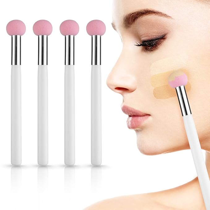 Sibba 4-Piece Foundation Brush Set Pink & White Handle Makeup Brushes for Powder, Blush, Contour & Concealer - Includes Sponge, Angled Blending Brushes for Professional Beauty Techniques