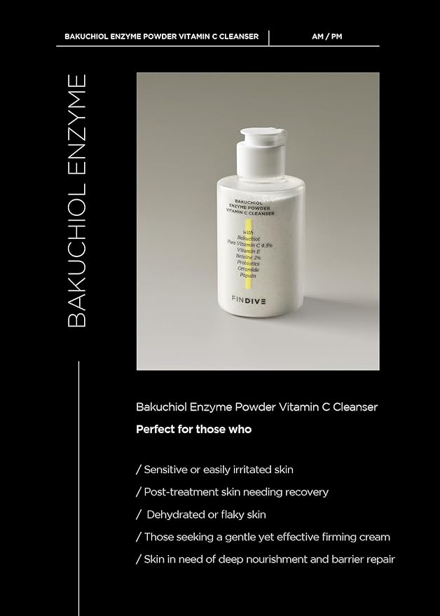 FINDIVE OFFICIAL Bakuchiol Enzyme Powder Vitamin C Cleanser, Gentle Daily Exfoliating Face Wash with 4.5% Pure Vitamin C, Plant-Based Surfactants, Probiotics, Korean Skincare 1.41 fl.oz