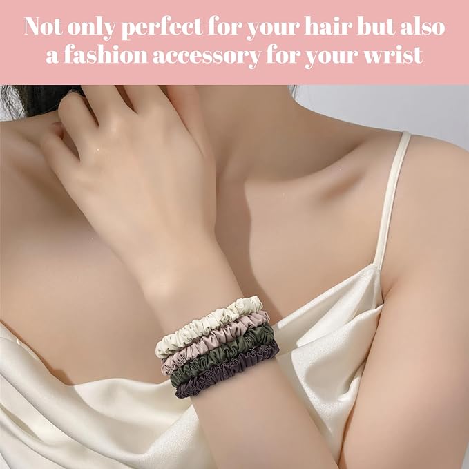 Scrunchies Hair Ties Silk Satin Scrunchy, WantGor Women 4PC Pure Mulberry Silk Skinny Elastic Scrunchies Hair Bands Bracelets Ponytail Holders Hair Accessories (Beige,Champagne,Coffee,Grey-green)