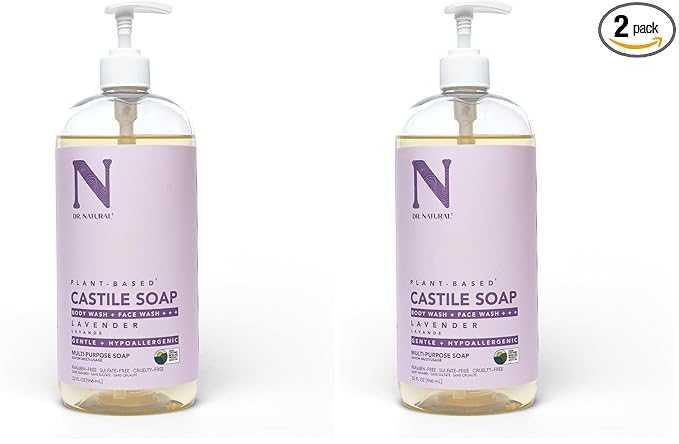 Dr. Natural Castile Liquid Soap - Multi-Use Body Wash,Shampoo and Face Wash - Hydrating Body Soap for Skin,Hair,Pets and Home - Lavender - 32 oz,(Pack of 2)