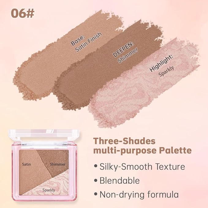 Mini Brown Champagne Baked Eyeshadow Palette,3 Shade Soft Shimmer Eye Shadow, Natural Radiant Glow Makeup, Smooth Blendable&Buildable, No Fallout, Long-Lasting Daily Look, Paleta de Sombras de Ojos 06