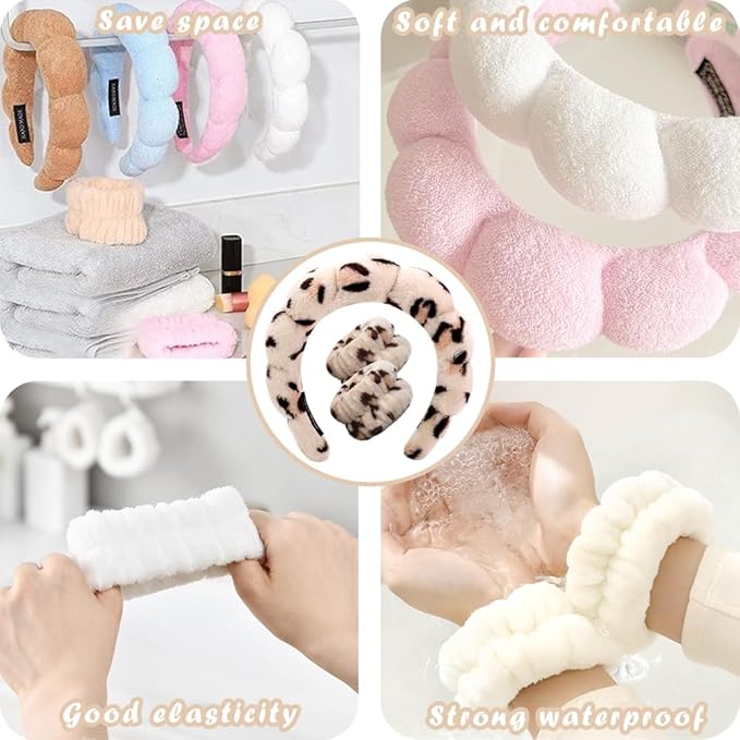 Tetizo Spa Headbands for Washing Face Wristband Set Sponge Makeup Skincare Headband Wrist Towels Bubble Soft Terry Towel Cloth Hairband for Women Puffy Headwear Non Slip Thick Thin Hair Headwear
