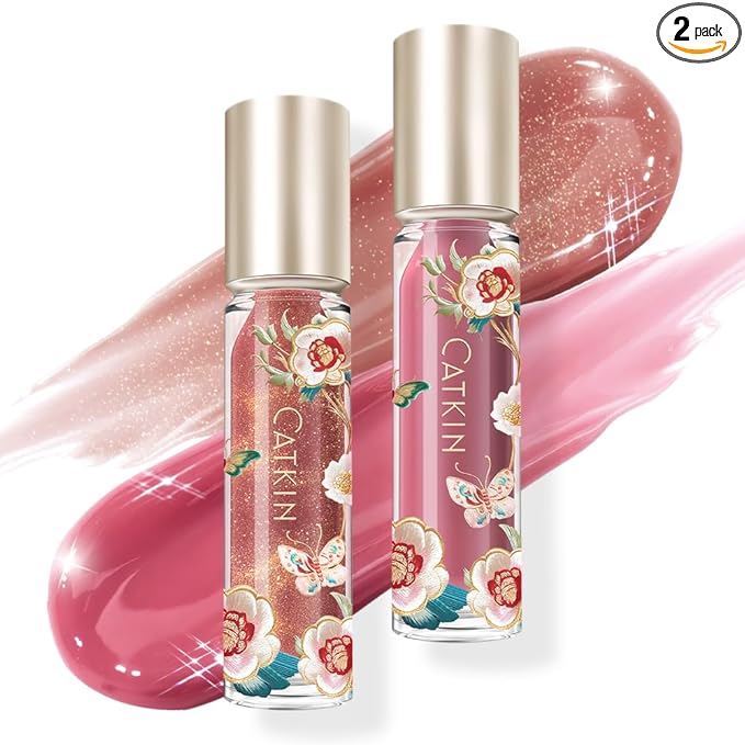 Catkin Lip Plumper Gloss, Tinted Lip Serum with Hyaluronic Acid & Jojoba Oil, Non-sticky Volumizing Hydrating Formula for a High Shine Maximum 3D Look, Plump & Soft Lips 0.12 Fl Oz 2pcs (05+07)
