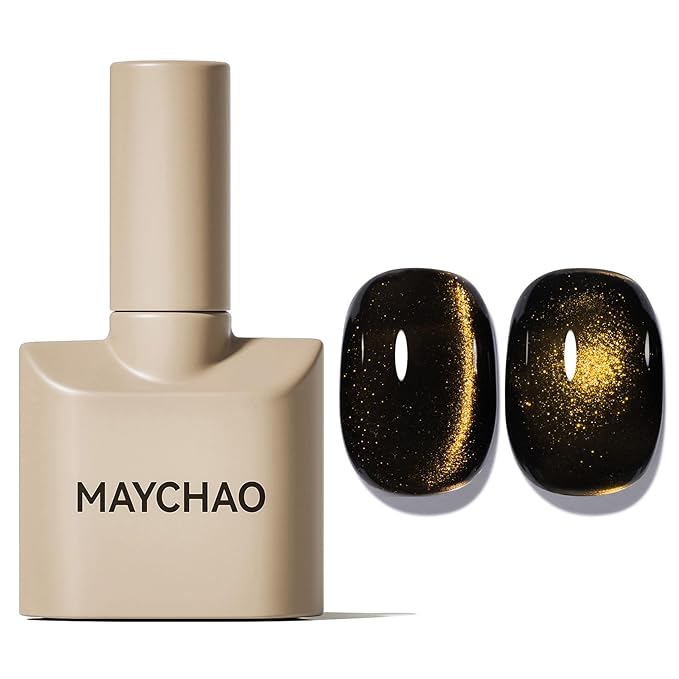 MAYCHAO 15ML Black Gold Cat Eye Gel Nail Polish 1Pc Glitter Soak off Holographic Magnetic Nail Polish for Nail Art Manicure Salon DIY at Home, 0.5 OZ