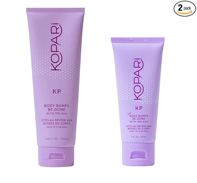 Kopari KP Scrub Full Size and Travel Size Set | Body Bumps Be Gone Scrub with 10% AHA, to Smooth Skin, Reduce Bumps, Decongest Pores, Clarifying, Gently Exfoliate & Wash | 8.45 fl oz and 2 fl oz