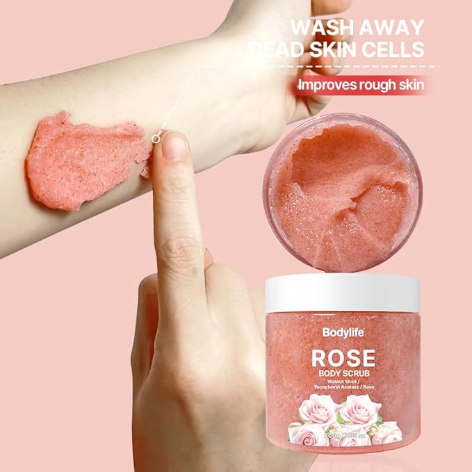 Rose Body Scrub Exfoliating Sugar Scrub for Body Moisturizing Body Polish Removes Dead Skin Smooth Soft Skin Hydrating Shower Bath Body Exfoliator 10.58 oz