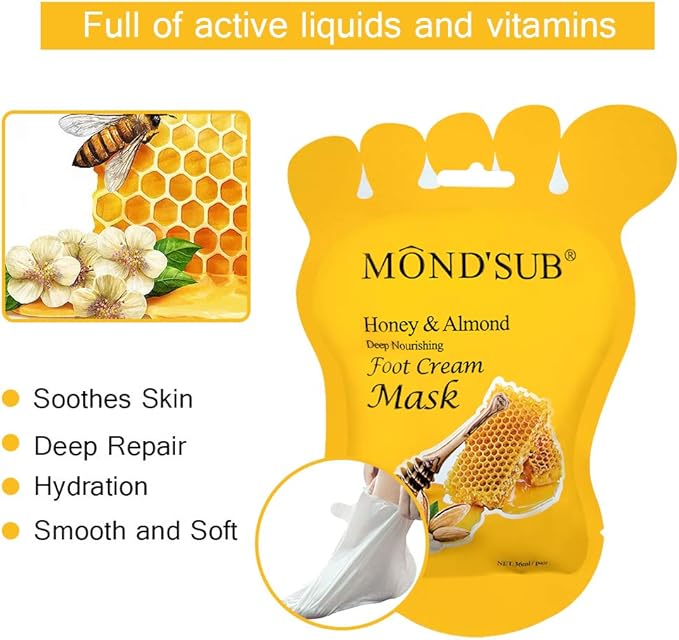 MOND'SUB Honey & Almond Nourishing Foot Masks - Foot Moisturizing Mask for Dry Skin to Deep Hydrating and Brightening Moisturize, Repair Rough Damage Skin for Women & Men(5 Pairs)