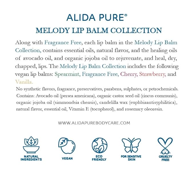 Melody Lip Balm Collection, Vegan Set, Beeswax Free, with Organic Jojoba and Avocado Oil, Vitamin E, Natural Moisturizer for Dry, Chapped Lips, 5 Tube Set