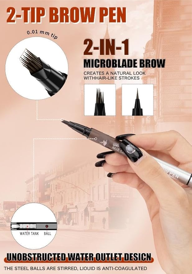 Microblading Eyebrow Pencil & Pen for Women，Waterproof Smudge Proof Quick-Dry Brow Definer with Micro Split Tip for Hair Like Strokes, Faux Brow Lift and Snatch Brow Tint (Black Brown)