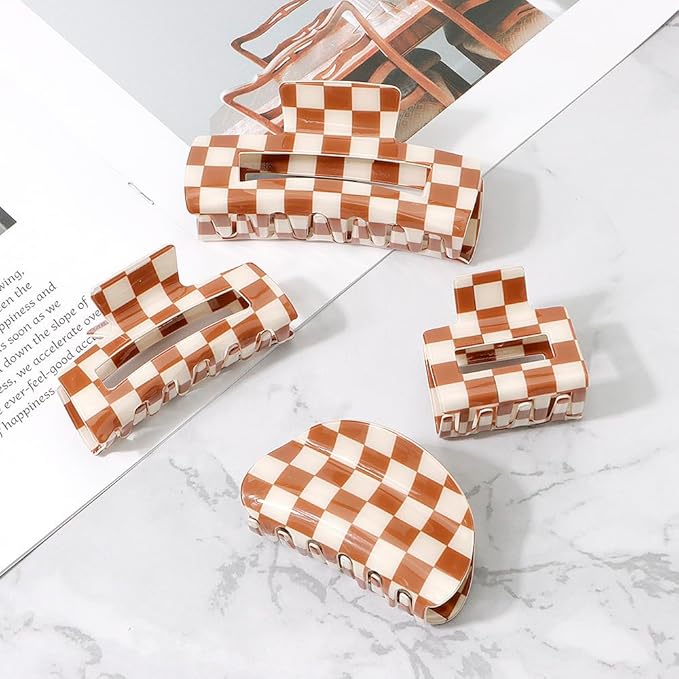 Atoden Checkered Hair Clips for Thick Thin Hair 4Pcs Large Medium Small Claw Clips Strong Hold Non Slip Y2K Hair Accessories for Women Girls Brown
