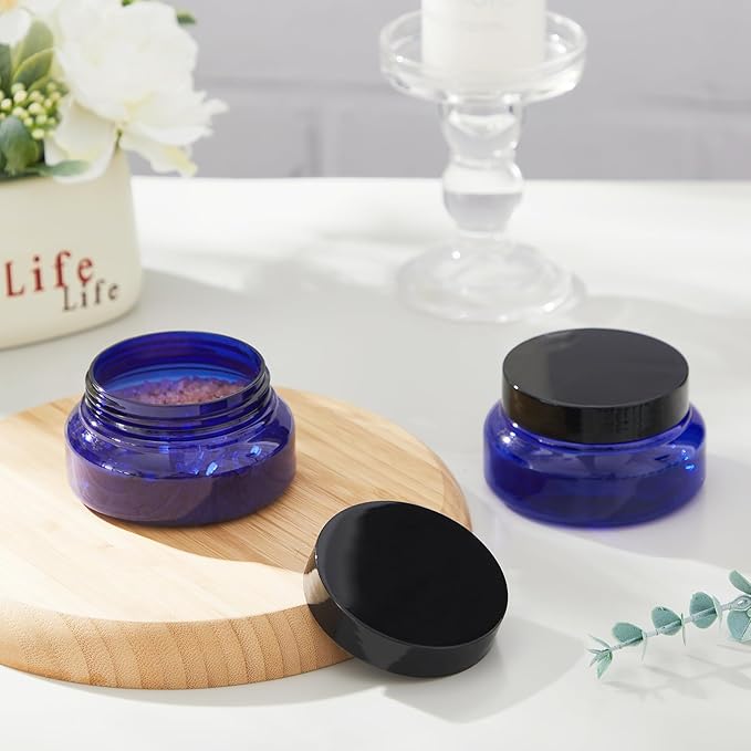 Tessco for you 24 Pack Plastic Jars with Lids Labels Multiuse Slime Containers Empty Body Scrub Jars Round Refillable Cosmetic Body Butter Container for Makeup (5 oz,Blue,Black)