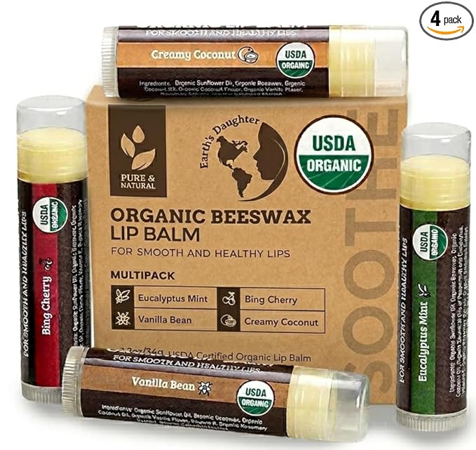Earth's Daughter USDA Organic Lip Balm 4-Pack - Fruit Flavors, Beeswax, Coconut Oil, Vitamin E - Best Repair Chapstick for Dry Cracked Lips - Moisturizing Lip Care