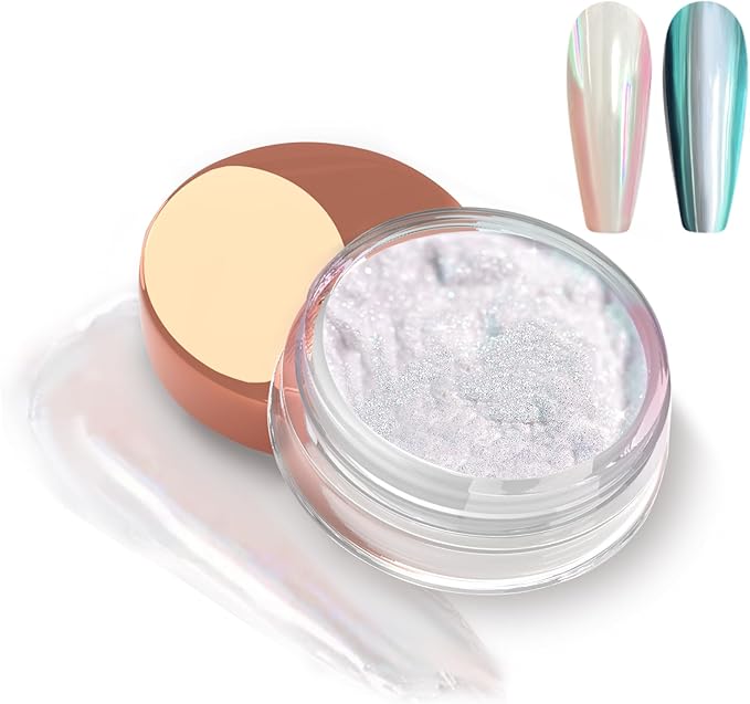 Allstarry Unicorn Chrome Nail Powder, Aurora Mermaid Iridescent White Pearl Nail Chrome Powder Pigment Glitter Fairy Dust for Nail Art, Manicure, Gel Nail Polish - Spring Moonlight