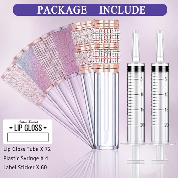 AMORIX 72pcs 5ml Diamond Lip Gloss Tubes With Wand - Empty Rhinestone Containers, Crystal Bottles, Supplies Kit - 4 Syringes + Labels for DIY Base