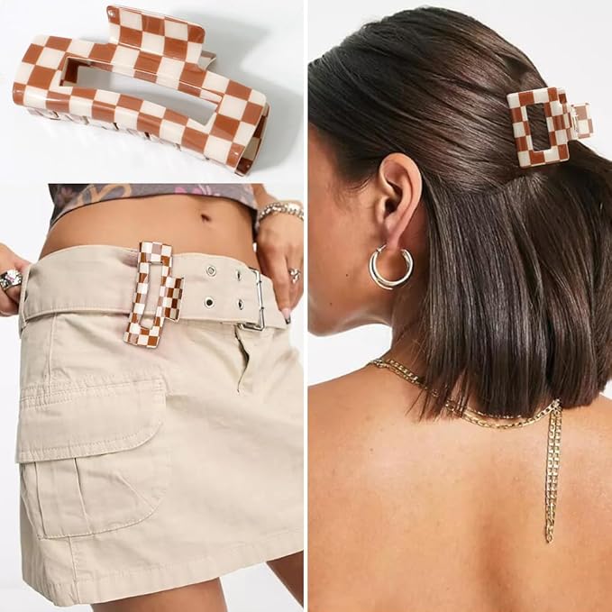 Atoden Checkered Hair Clips for Thick Thin Hair 4Pcs Large Medium Small Claw Clips Strong Hold Non Slip Y2K Hair Accessories for Women Girls Brown