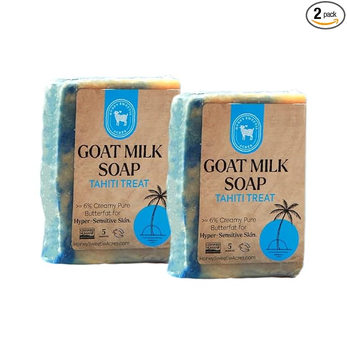 Honey Sweetie Acres 2-Pack Tahiti Treat Goat Milk Soap - Handmade 5 oz Bar, Made with Natural Ingredients, Moisturizing & Gentle, Made in the USA