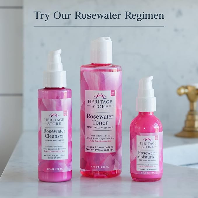 Heritage Store Rosewater Facial Toner with Hyaluronic Acid, Dry to Combination Skin Care, Hydrating Toner Refines Pores & Minimizes the Appearance of Fine Lines & Wrinkles, Alcohol Freeǂ, Vegan, 8oz